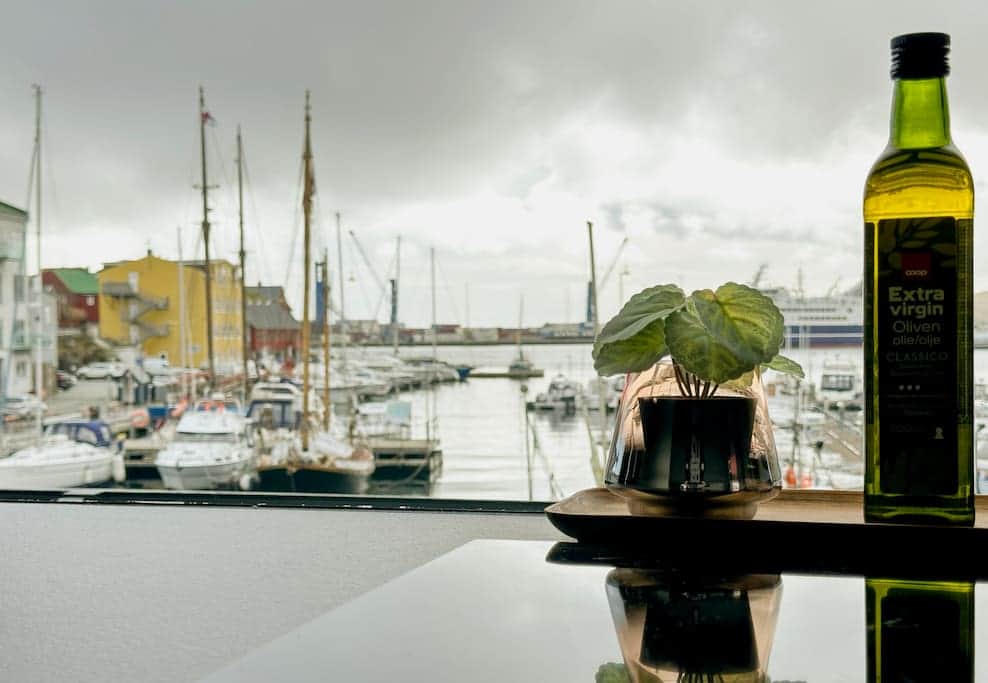 The kitchen is strategically placed against the window facade offering a stunning view of the marina