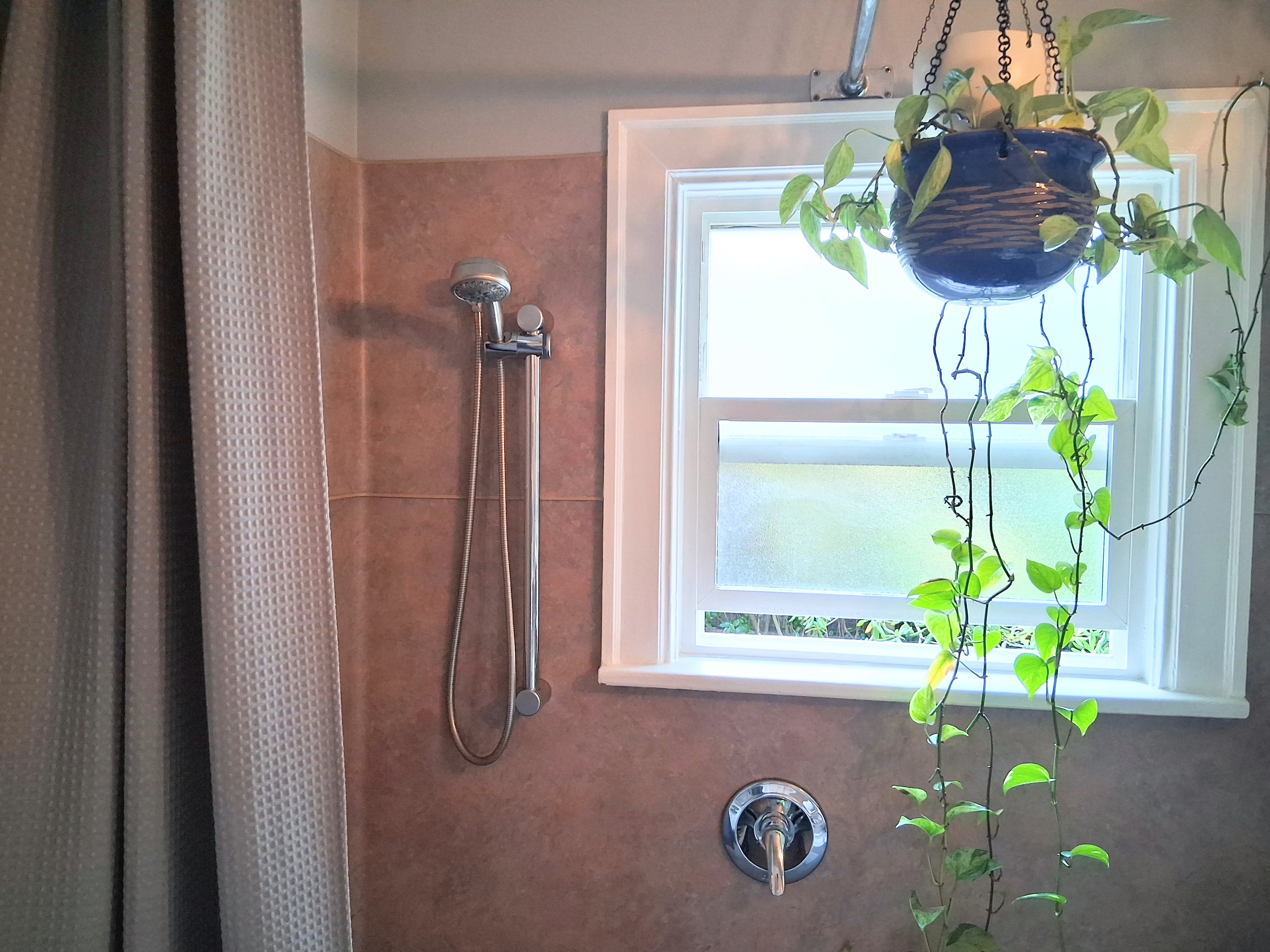 It's always just a little nicer to have fresh air from a cracked window in your bathroom. And more plants!