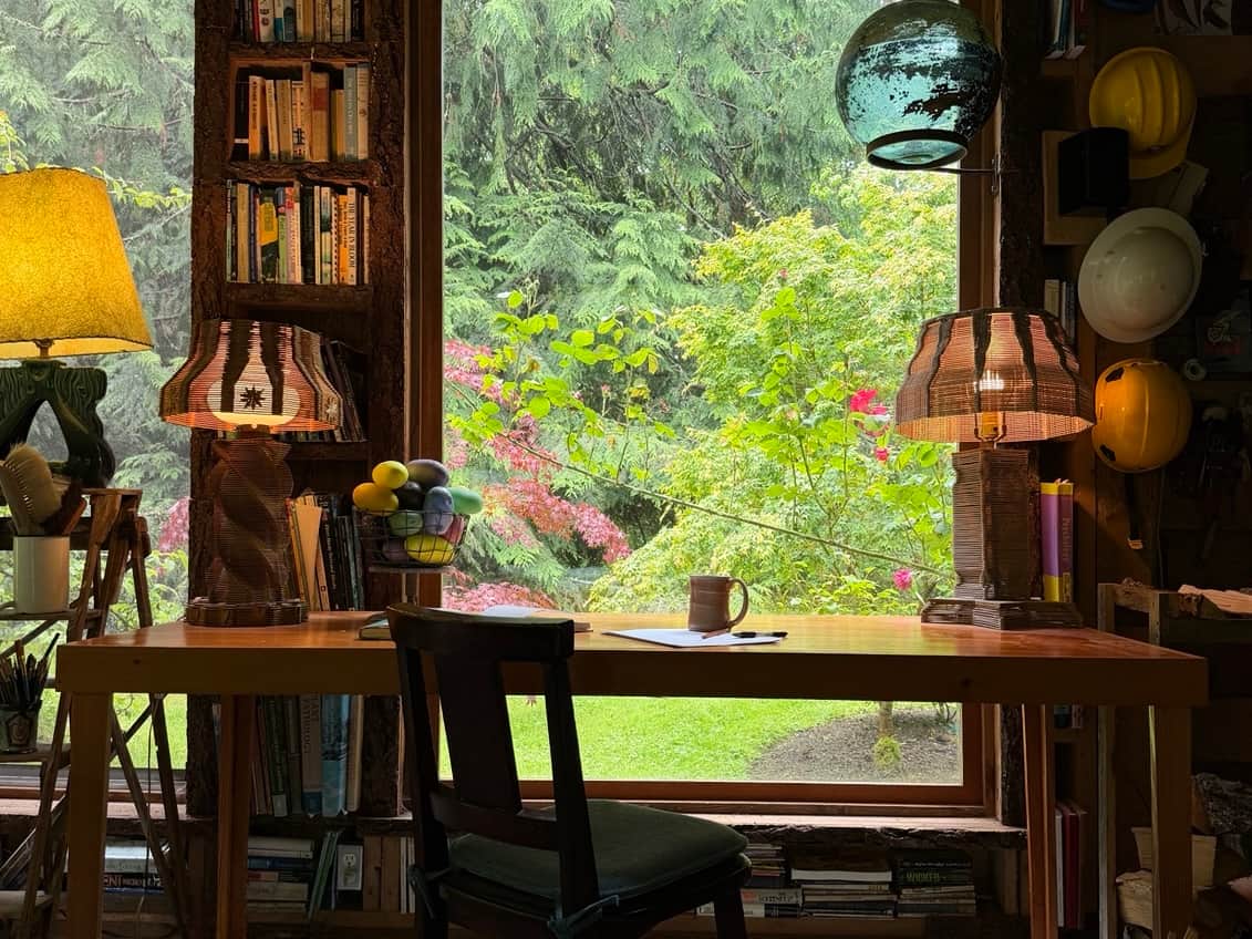 A work table with a garden view.