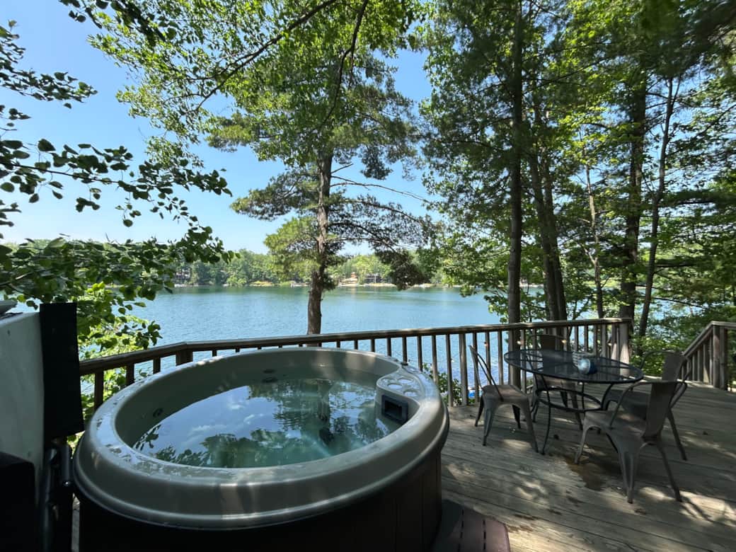 Blue cabin lake view from deck