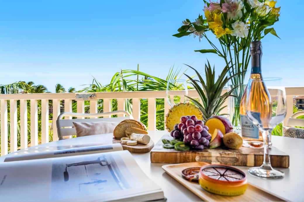 Relax on the private lanai with a tropical breeze, fresh fruit, and chilled Rosé. Surrounded by palm