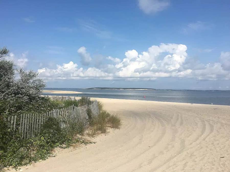 Towd Point Beach with soft sand, a dune fence and the bay beyond