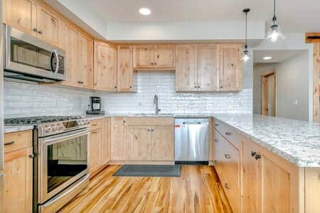 The kitchen has ample workspace and countertops