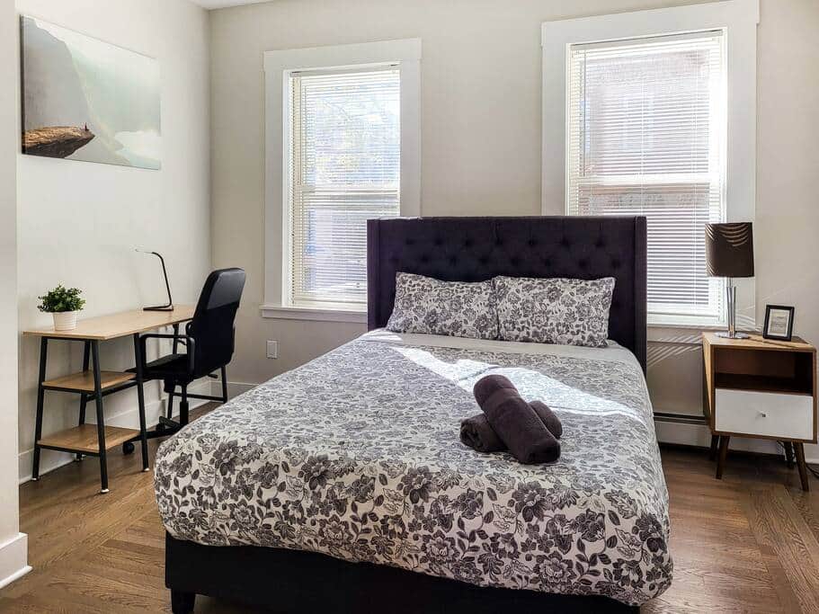 Queen bed with super comfortable memory foam mattress.