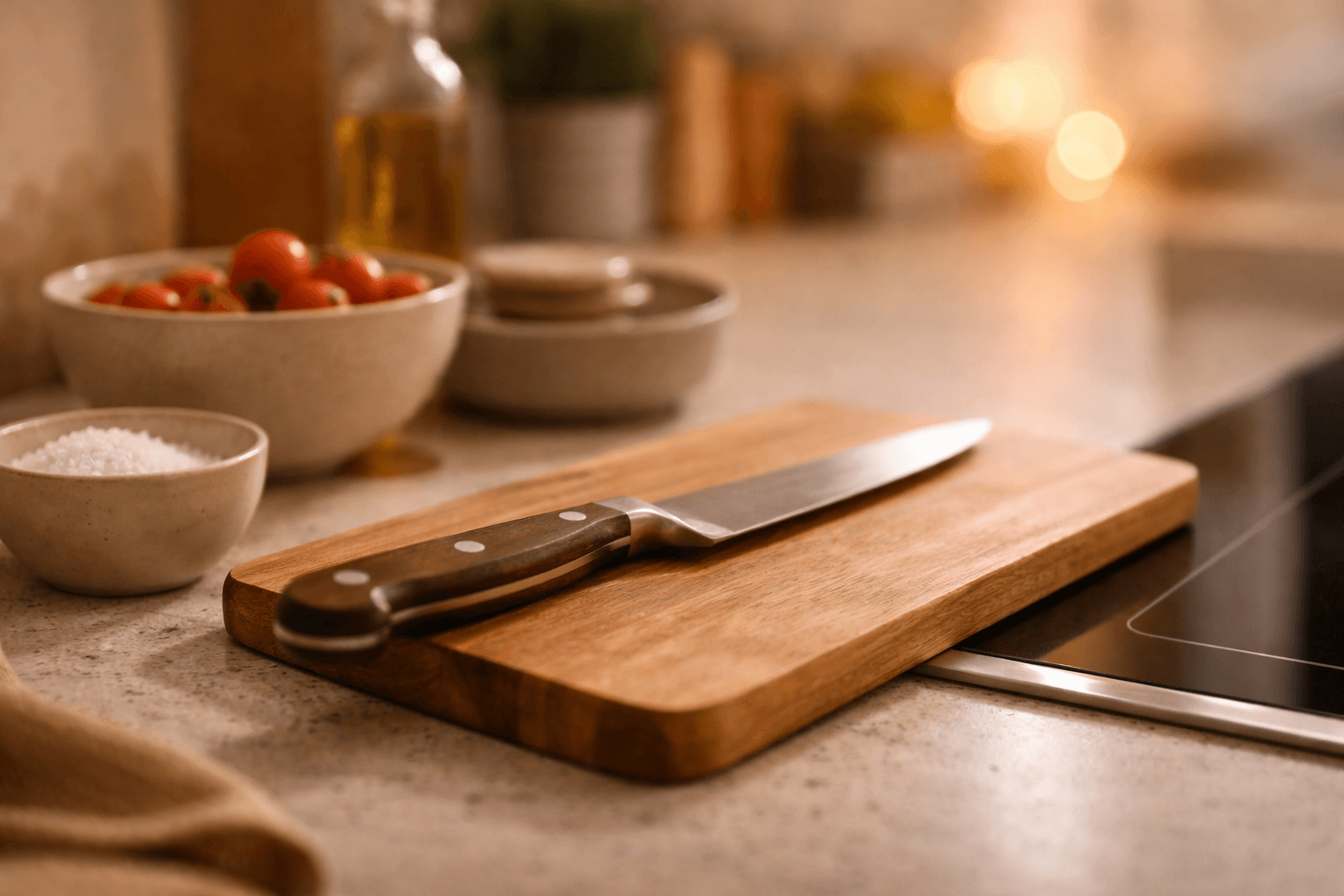 Kitchen knife on a wooden chopping board in a modern kitchen, with ingredients in warm light.