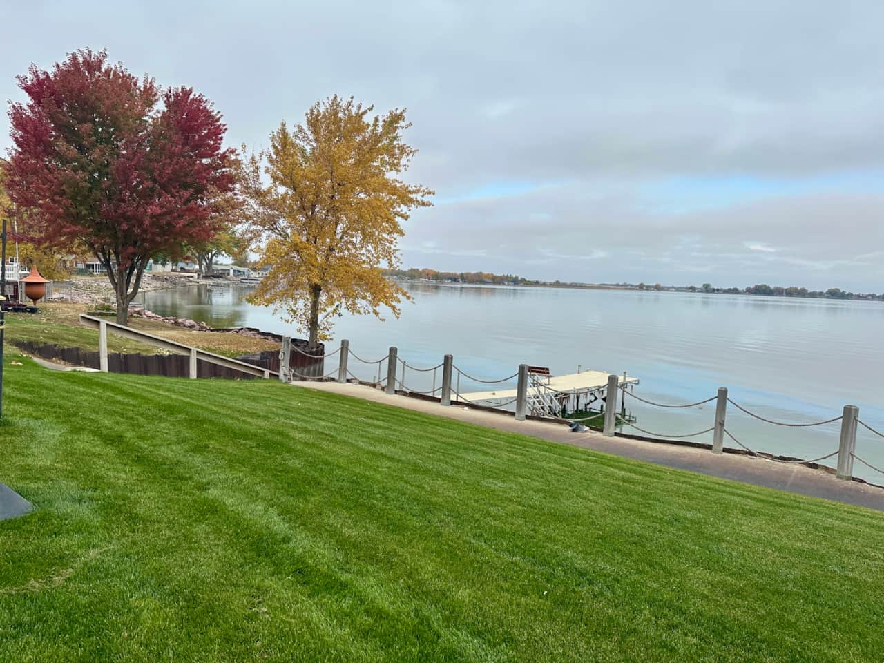 Fall leaves looking out at Lake Poinsett, SD