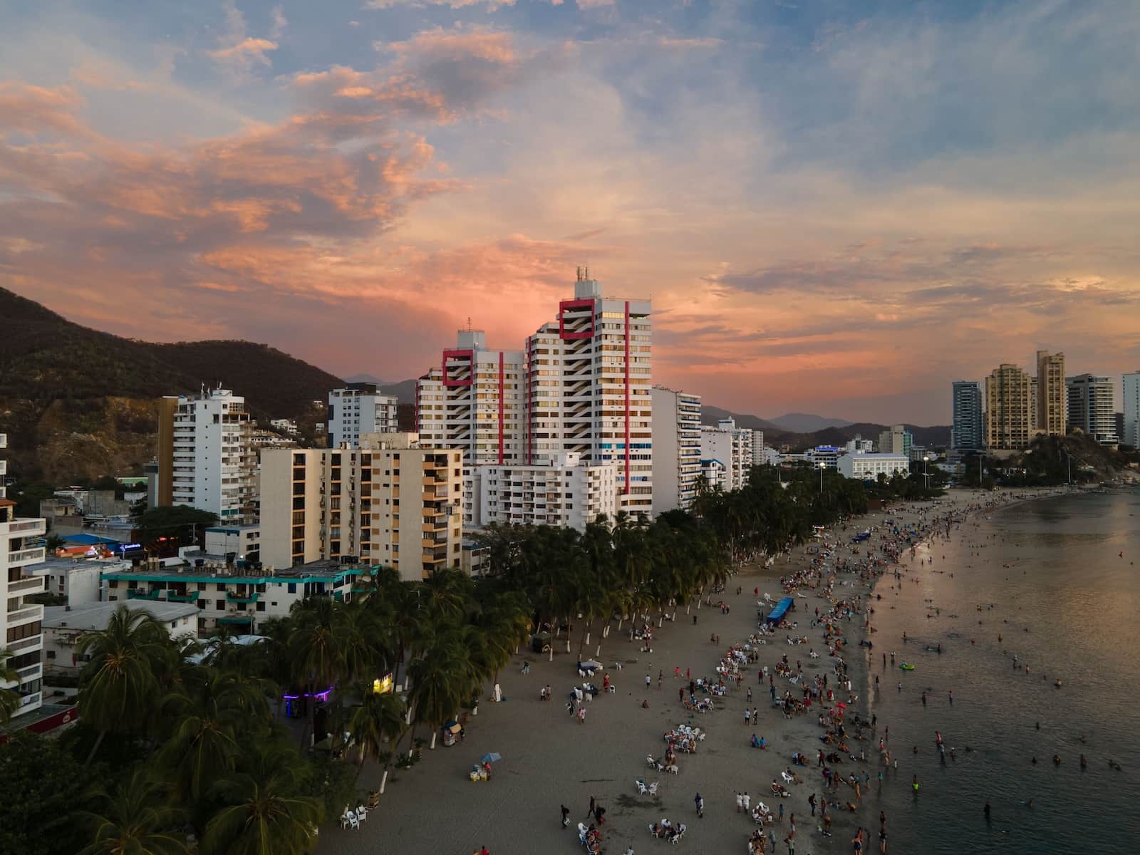 Hotels along the beach at sunset in Rincón de Guayabitos, Jaltemba Bay, Nayarit