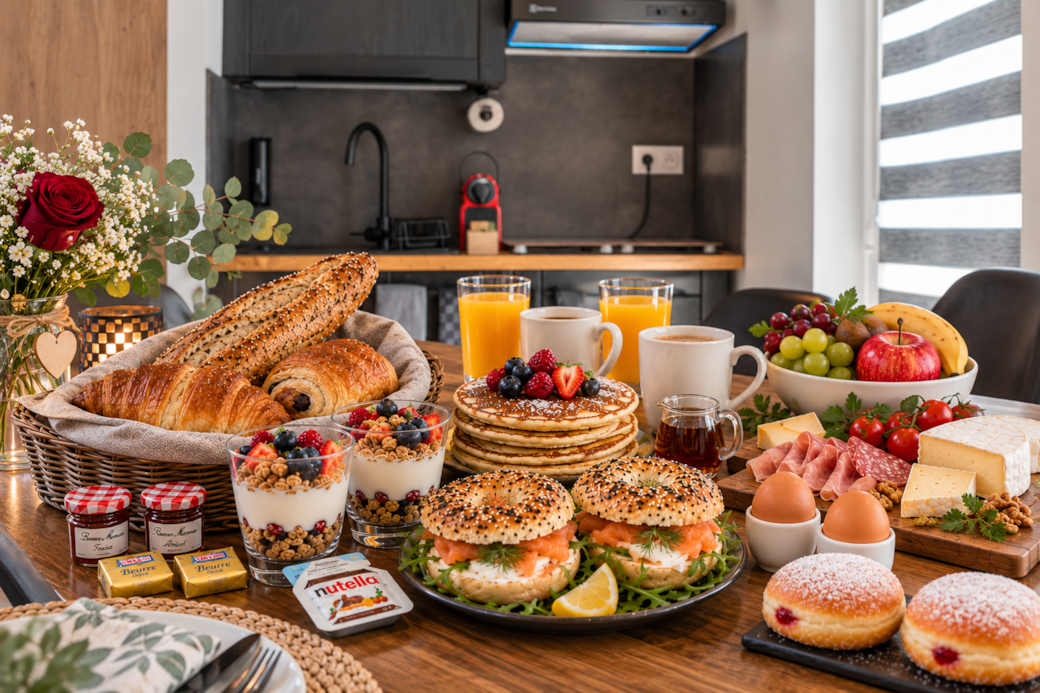 Brunch gourmand servi dans le gîte L'Atelier des Songes au Domaine EnergyZen en Alsace.