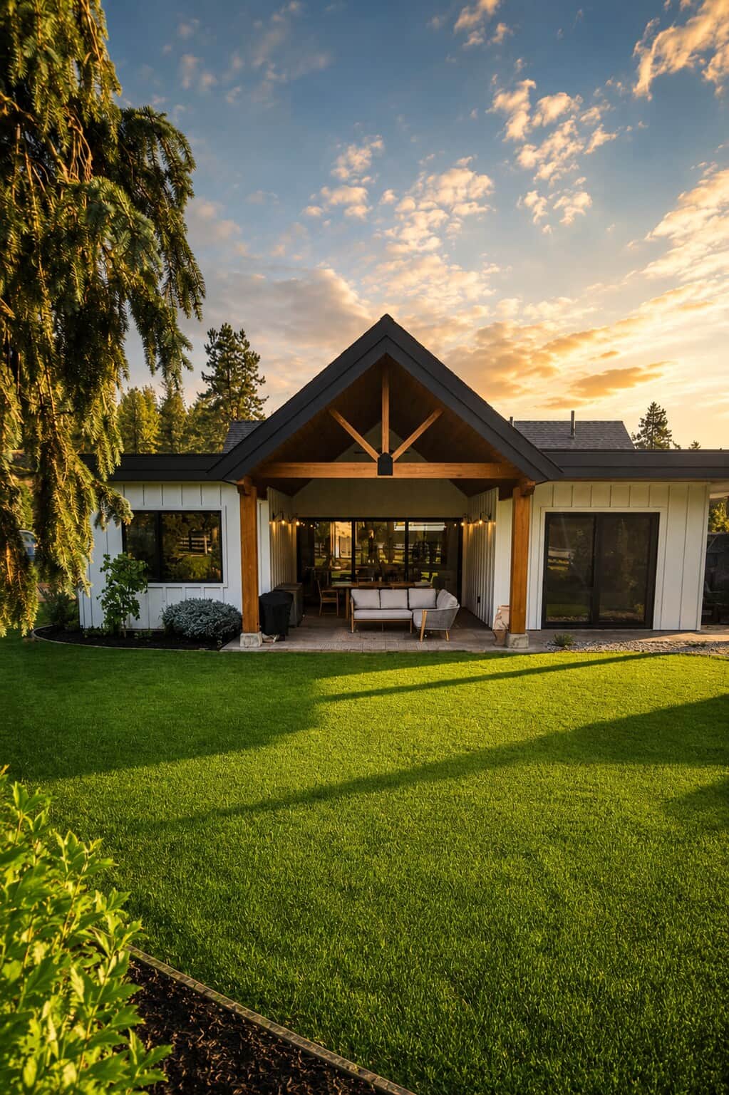 Relax beneath the covered outdoor living area with lounge seating and alfresco dining beside peaceful gardens. Connected to the great room, it's the perfect spot for morning coffee, an evening glass of wine, and slow West Kelowna evenings.