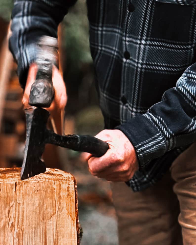 Plaid shirt and Axe-Reparing firewood at Chickadee & Pine Plaid shirt and Axe-Reparing firewood at Chickadee & Pine