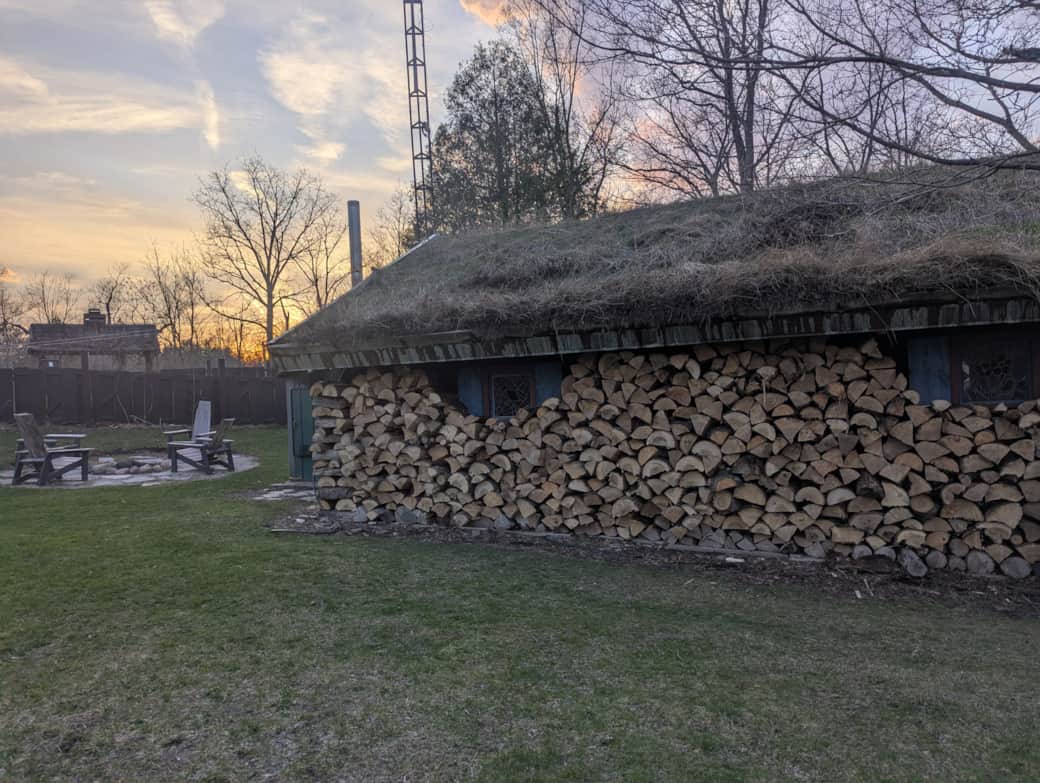 Sod roof garage and fire pit