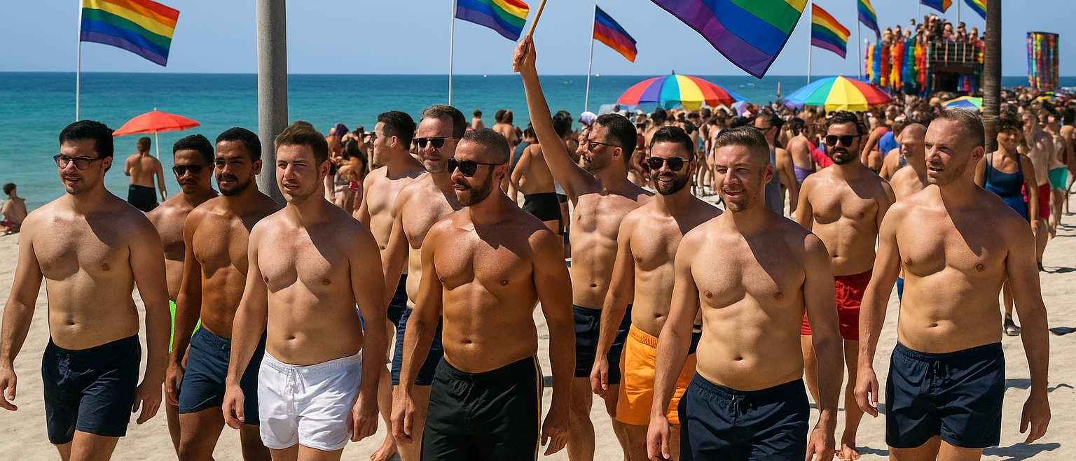 Men marching together at Sebastian Street Gay Beach holding pride flags, symbolizing unity, brotherhood, and the fight for LGBTQ+ rights in Fort Lauderdale.