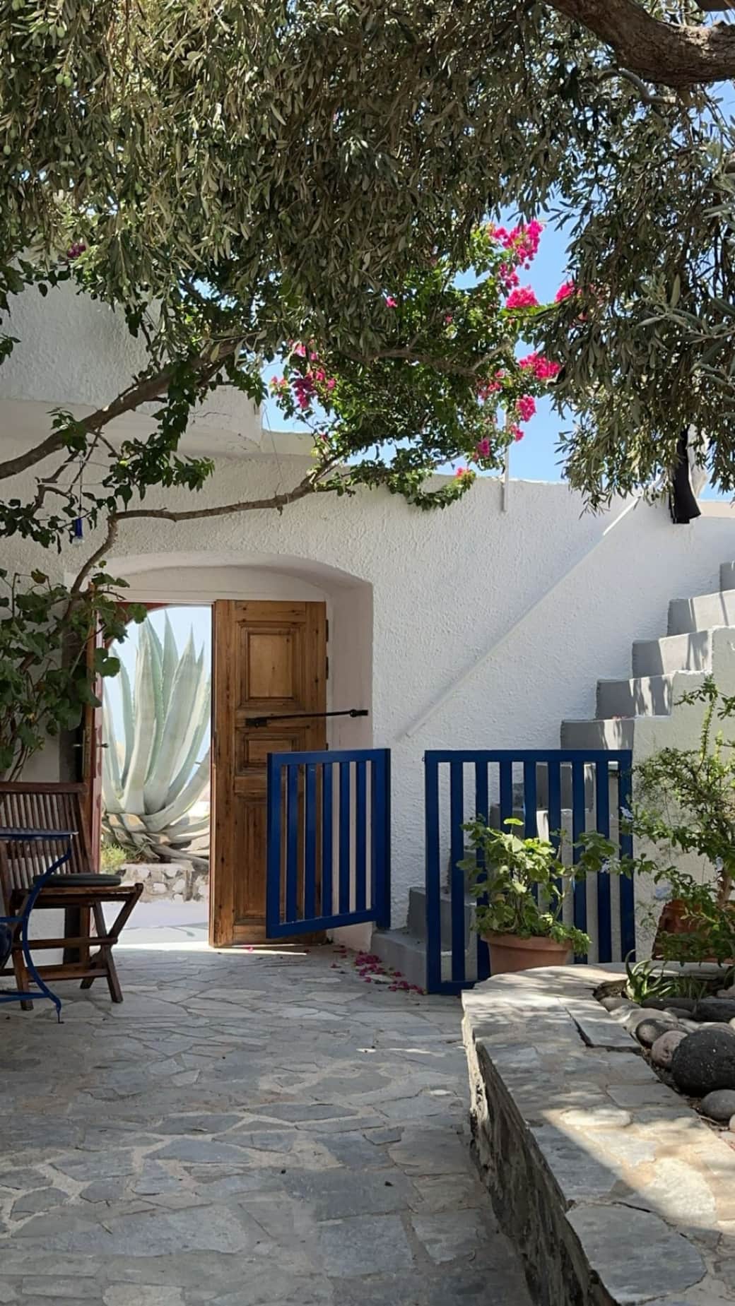 Peaceful Santorini courtyard with greenery, perfect for relaxing outdoors.