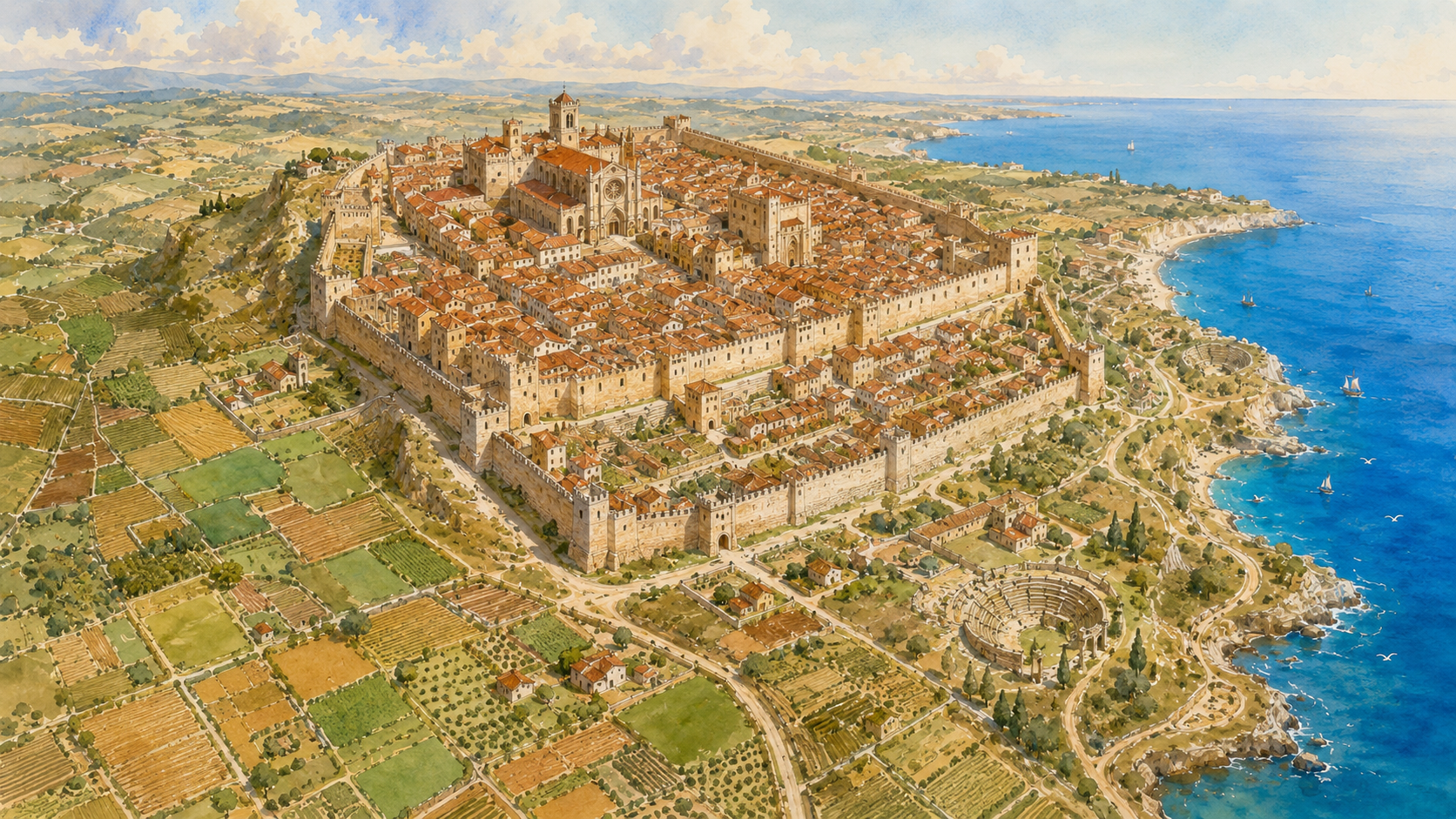 Watercolour illustration of medieval Tarragona