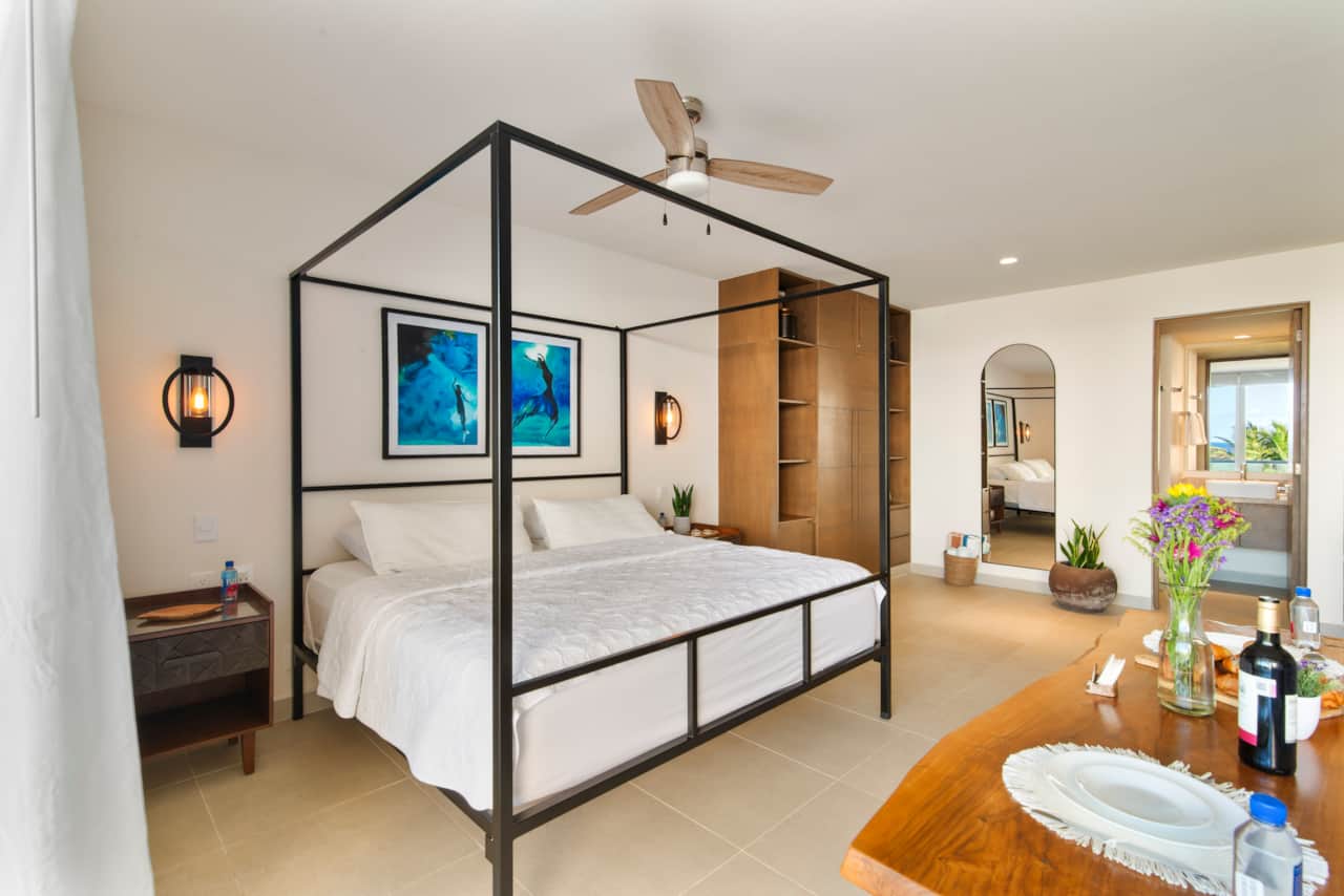 Luxurious penthouse with plush bed, full wardrobe, and quick bathroom  access.