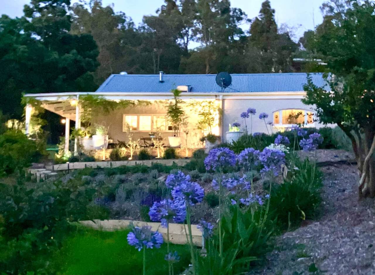 A lavender driveway leads to the entrance with unobstructed views of the forest opposite