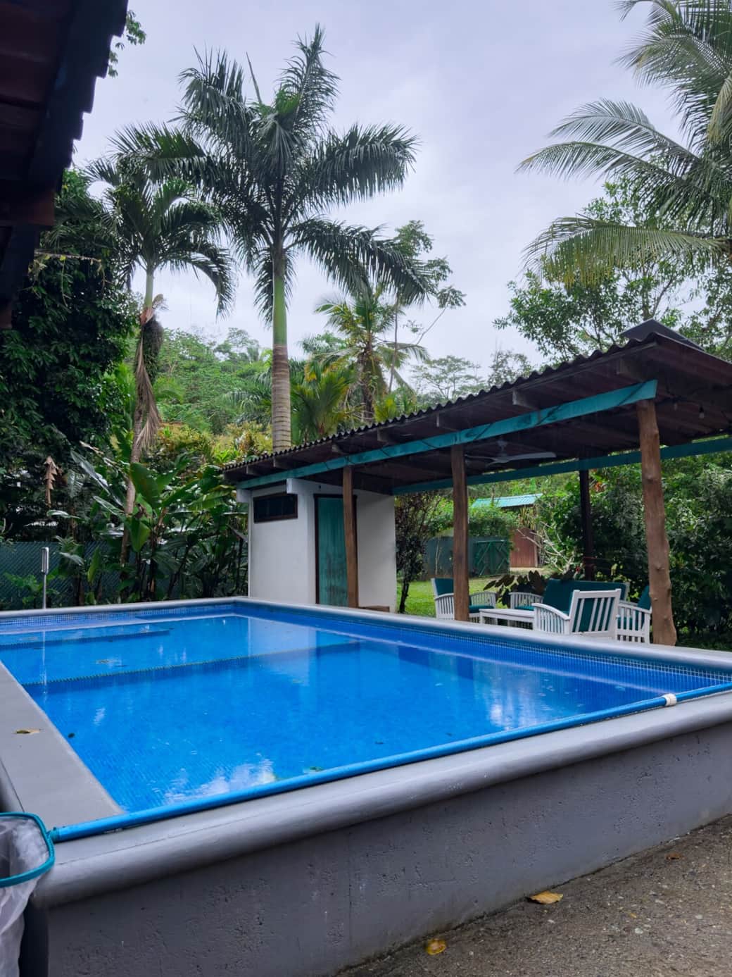 Private jungle pool located behind the home, surrounded by lush tropical gardens. Covered lounge area with seating and ceiling fan offers shade and comfort just steps from the water.
