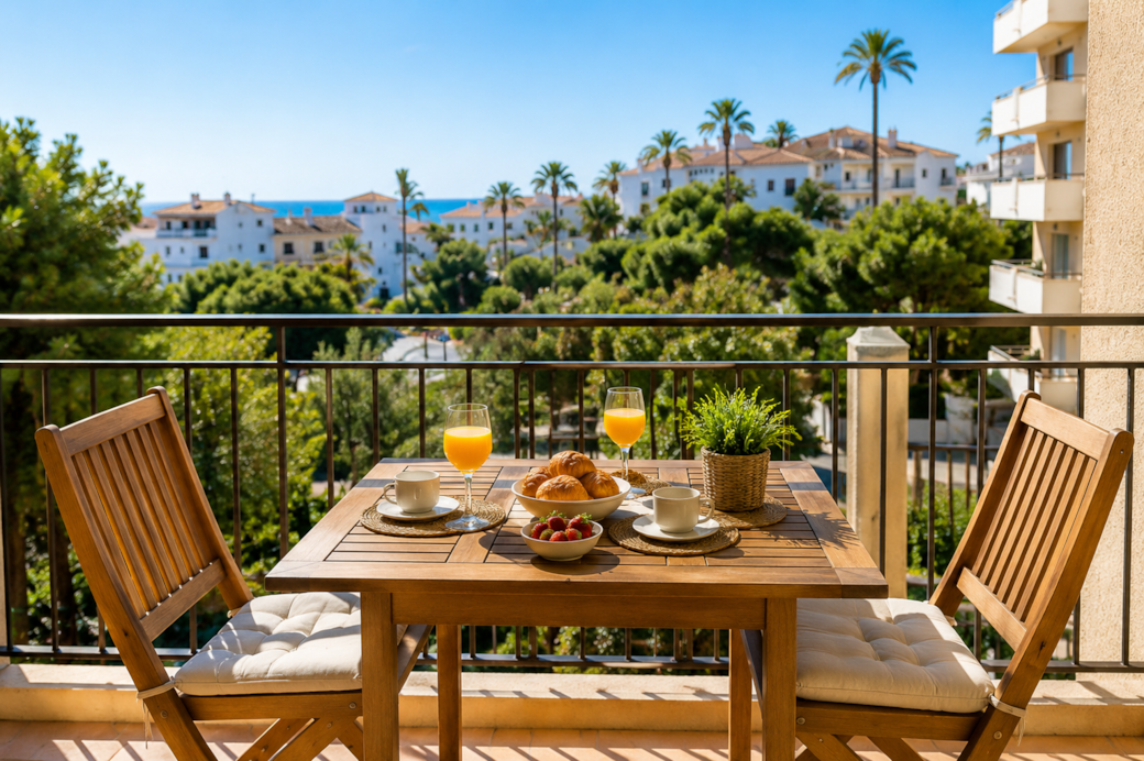 Frühstück auf einem mediterranen Balkon Frühstück auf einem mediterranen Balkon