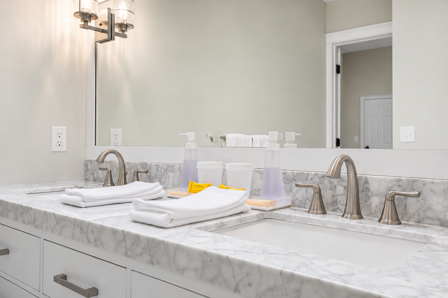 Spread out at the double vanity, with two sinks, fresh towels, and bath essentials ready for your st