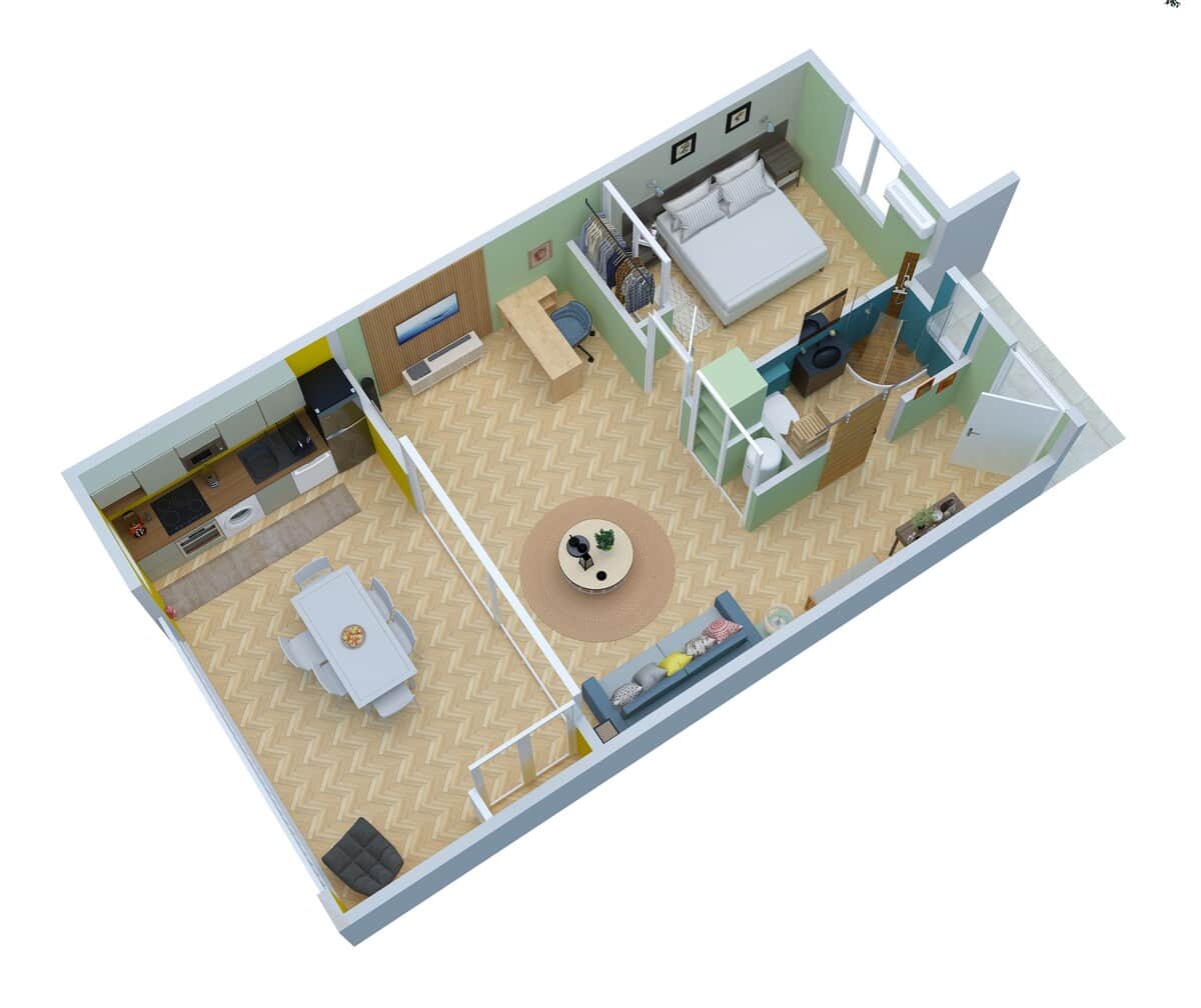 Plan 3D de l’appartement : vue d’ensemble (2/2).