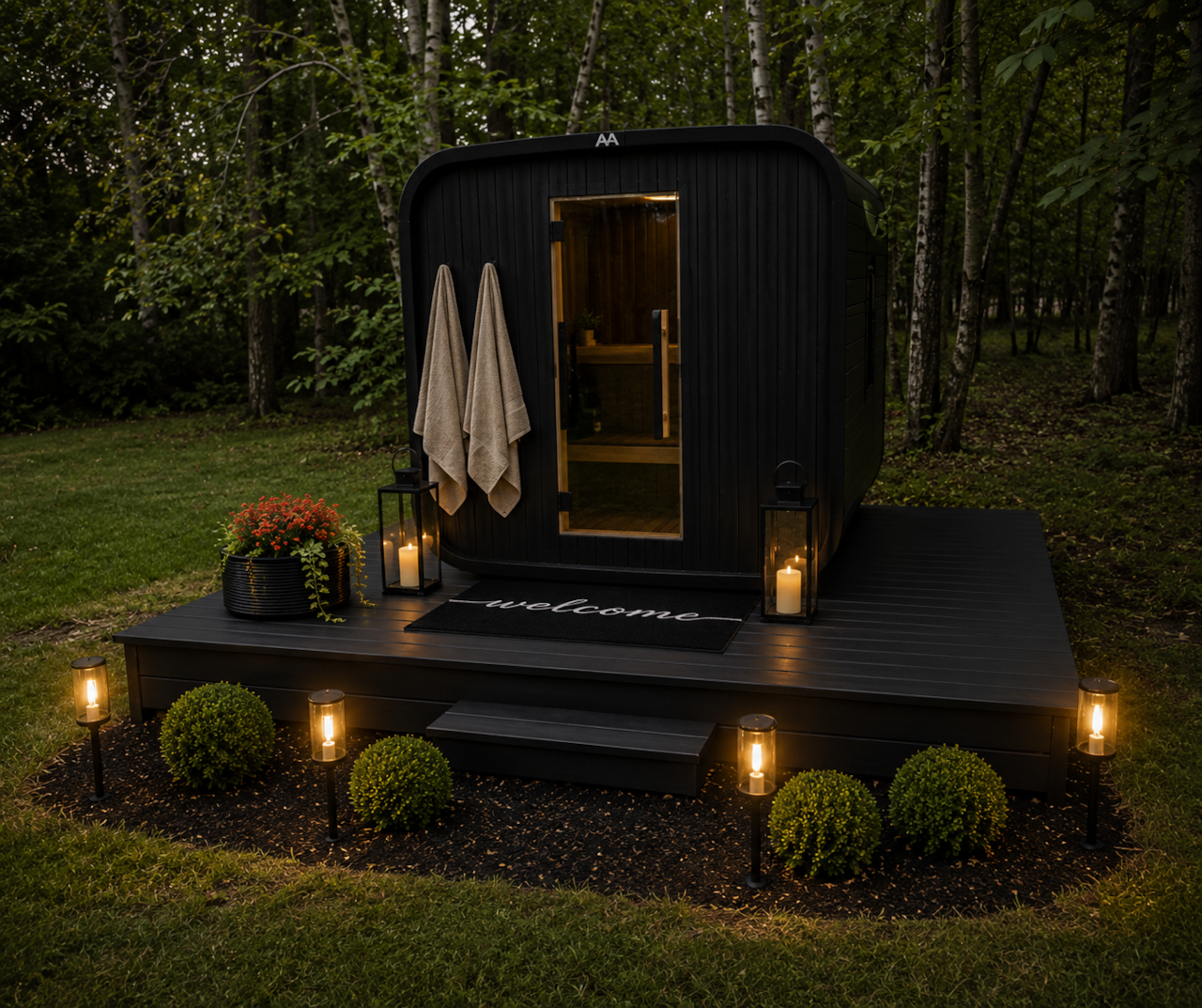 Sauna Retreat: Embrace relaxation in our brand new chic six person cedar sauna surrounded by nature.