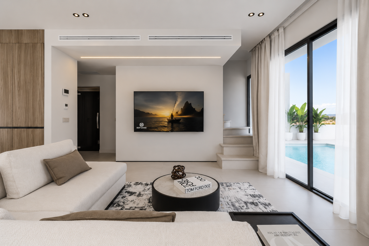 AZULIS Athos villa RENTAL12 Golfo Aranci living room pool view TV wall