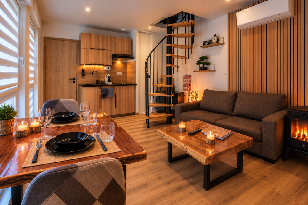 Intérieur chaleureux du gîte Le Refuge des Anges, aux accents de bois et de pierre, au Domaine EnergyZen en Alsace.