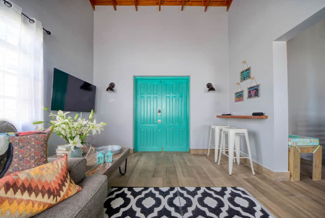 Teal door - living room