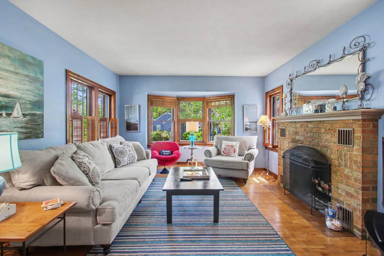 Living room with natural fireplace