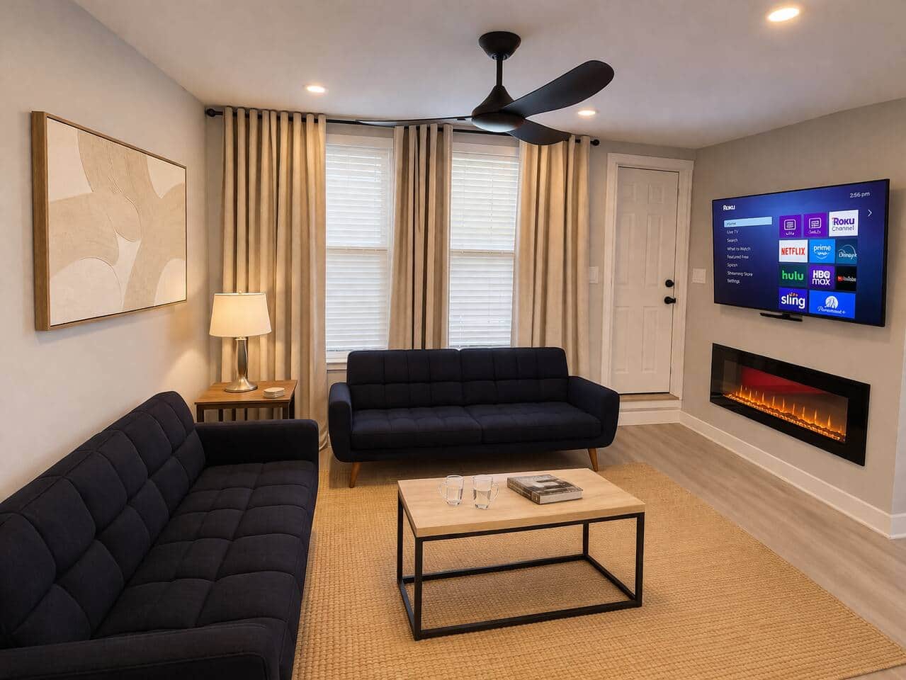 spacious living room! It features 2 futon sofa beds, perfect for accommodating extra guests. Enjoy your favorite shows on the 50-inch TV,  Cozy up by the fireplace underneath for a warm atmosphere. There’s a door that leads to a small balcony outside
