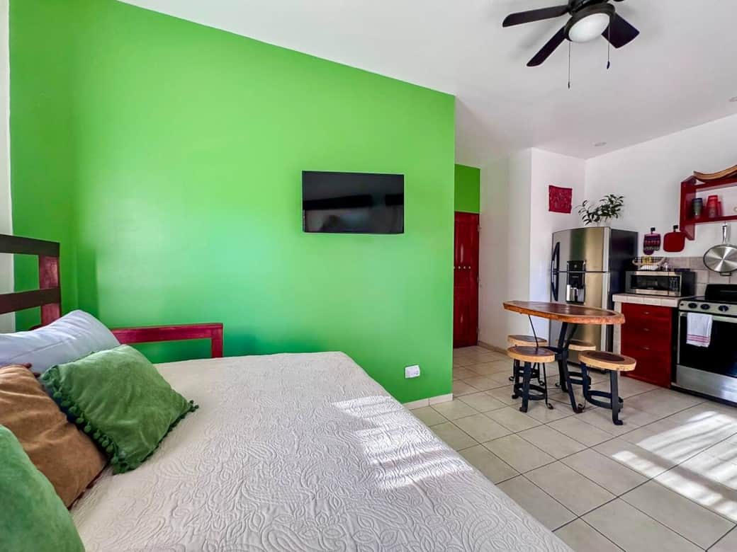 Overview of common area with queen daybed, tv, kitchen, air conditioning, ceiling fan Overview of common area with queen daybed, tv, kitchen, air conditioning, ceiling fan