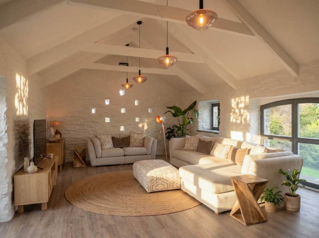 Actual photo of the room with CGI furnishings added to show the intended finished interior. All furniture, styling and layouts shown are the real items being installed as part of the current fit-out, due for completion July 2026.