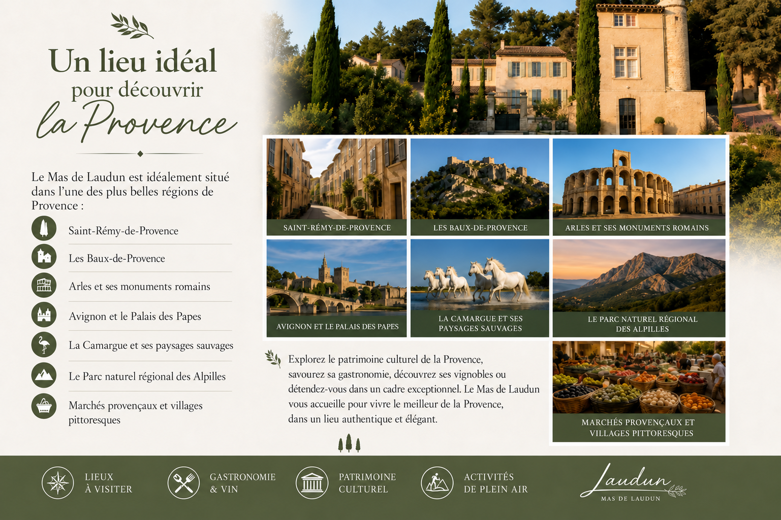 Lieux à découvrir autour du Mas de Laudun : Saint-Rémy-de-Provence, Les Baux-de-Provence, Arles, Avignon, la Camargue, les Alpilles et les marchés provençaux.