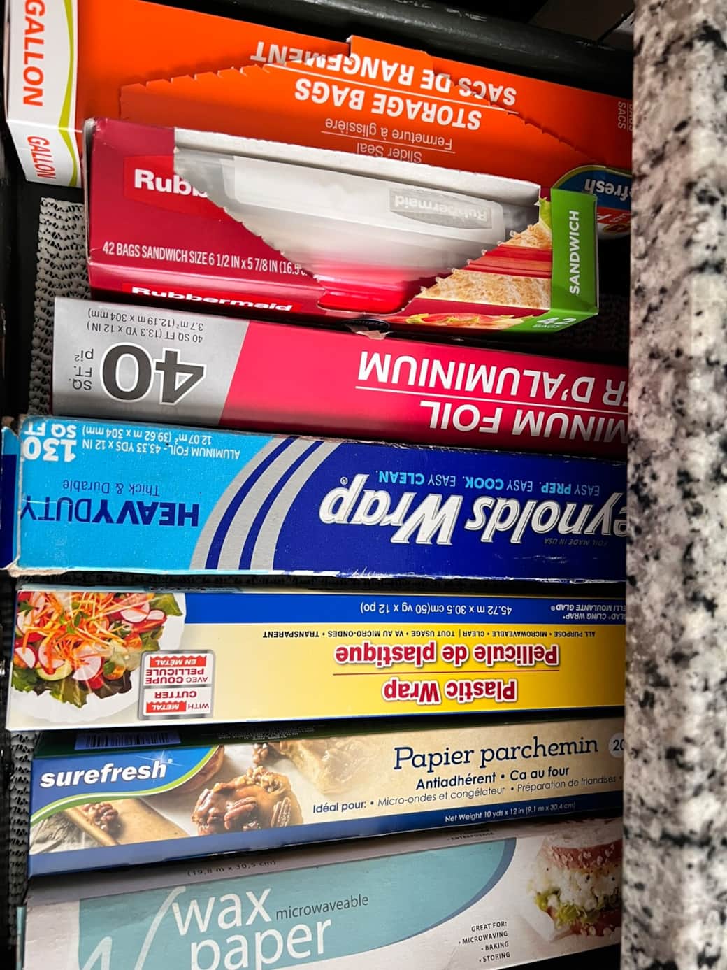 Kitchen stocked with staples to make and store food. 