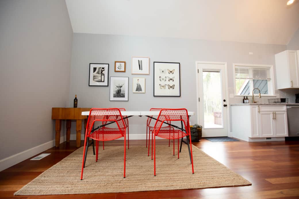 Dining Room with temporary folding table, seats 6 for now.