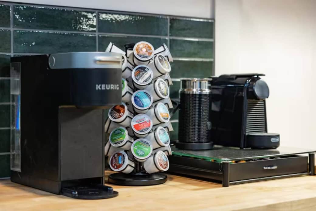 Coffee station with Keurig, Nespresso, and a variety of pods for your morning pick-me-up.