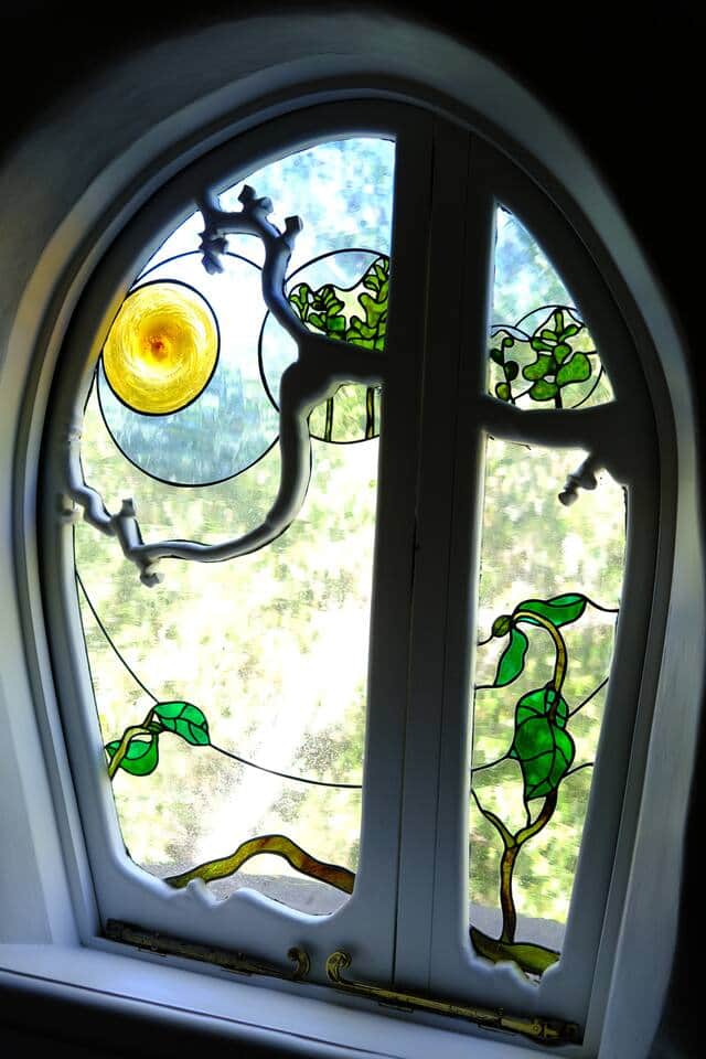 stained glass in heart bathroom