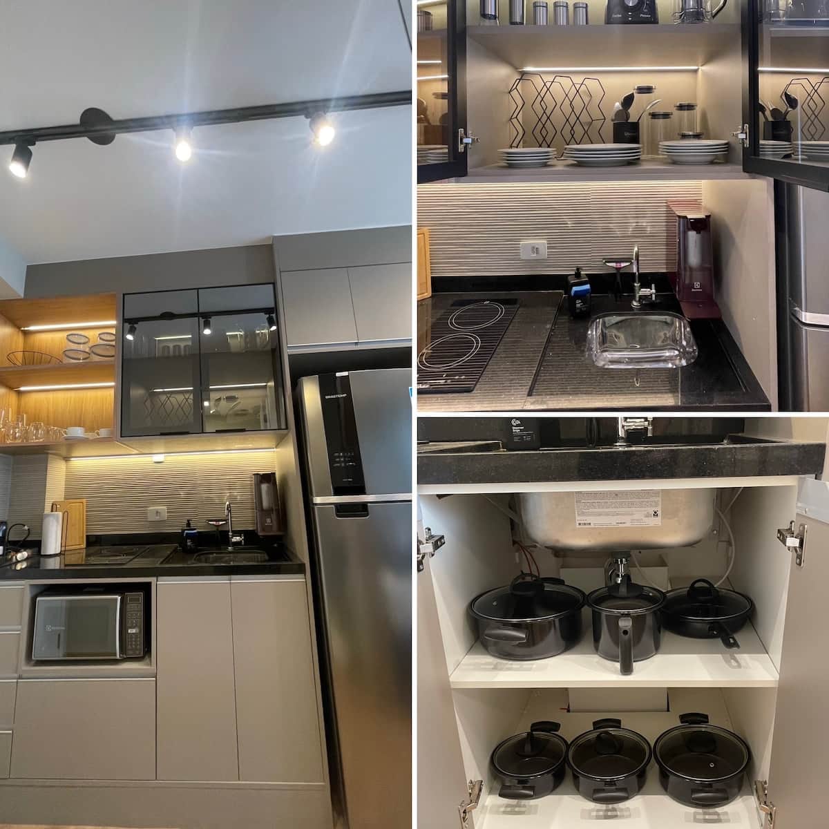 Cozinha rica em armários com cooktop de indução, forno microondas e geladeria 340L. 