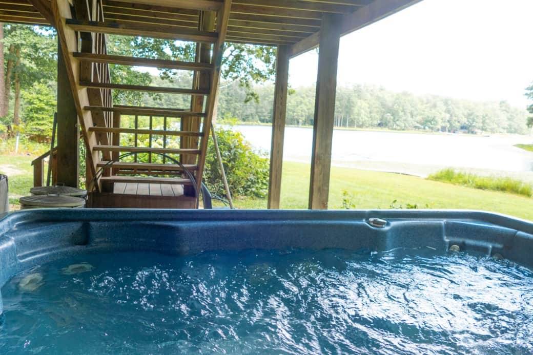 Our hot tub is located under the cabin stairs and is kept ready for guests year-round. 