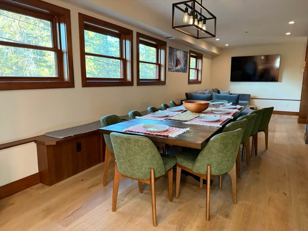 Open-concept dining and kitchen, seats 12