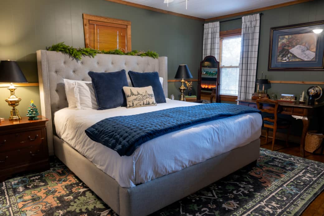 King suite includes large screen TV and electric fireplace.