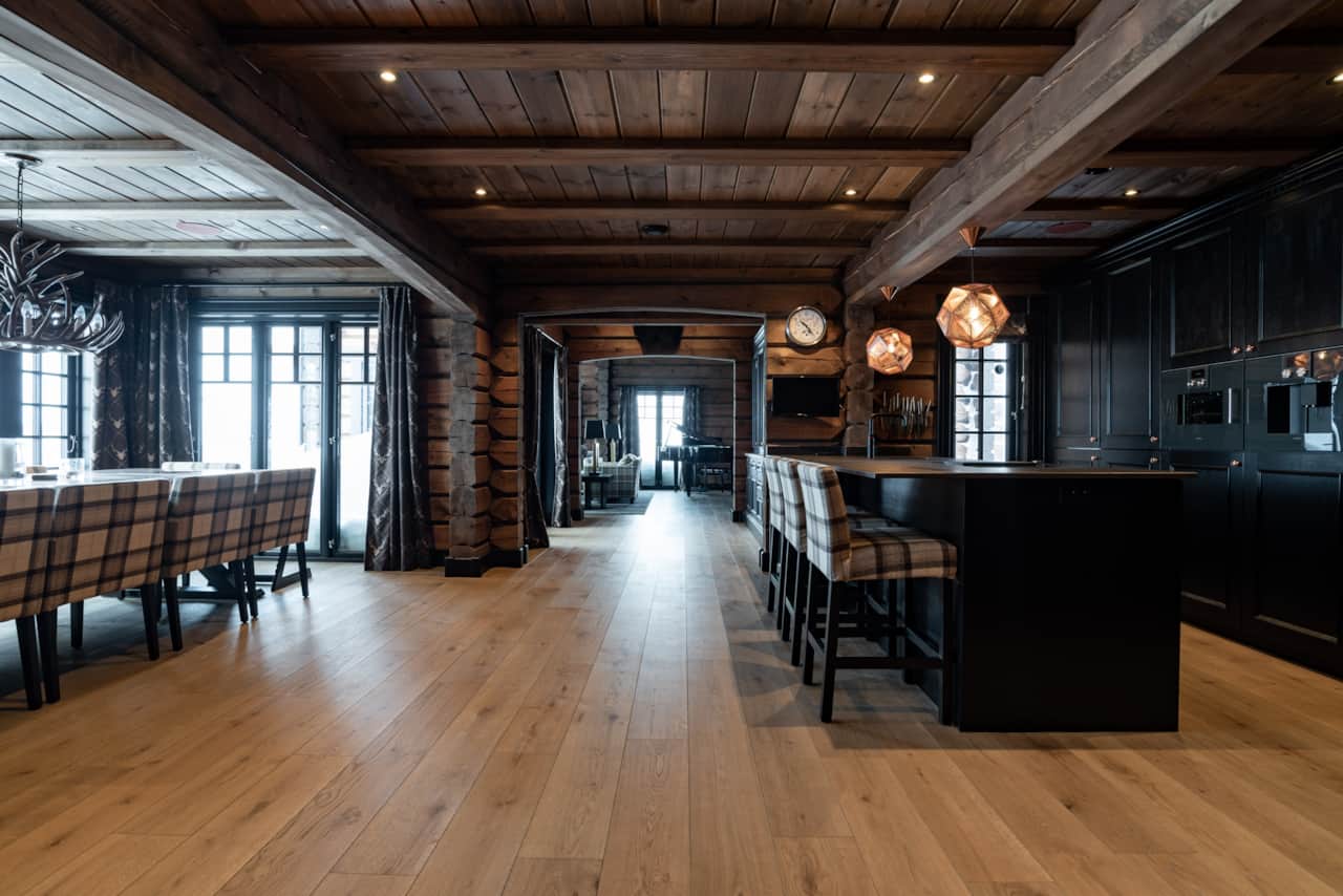 Large open kitchen with dining room next to it.