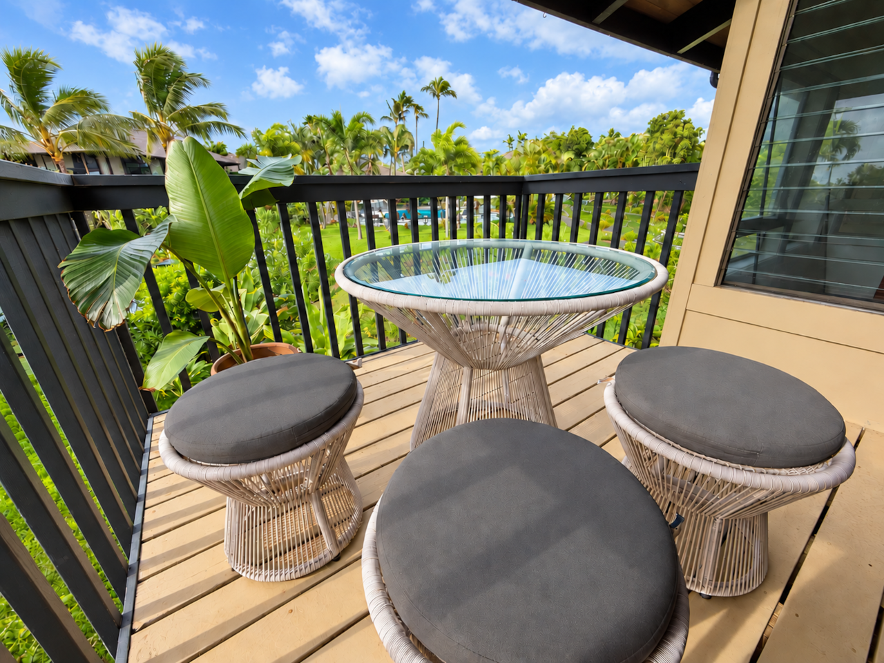 Lanai with glass-top table looking out across garden