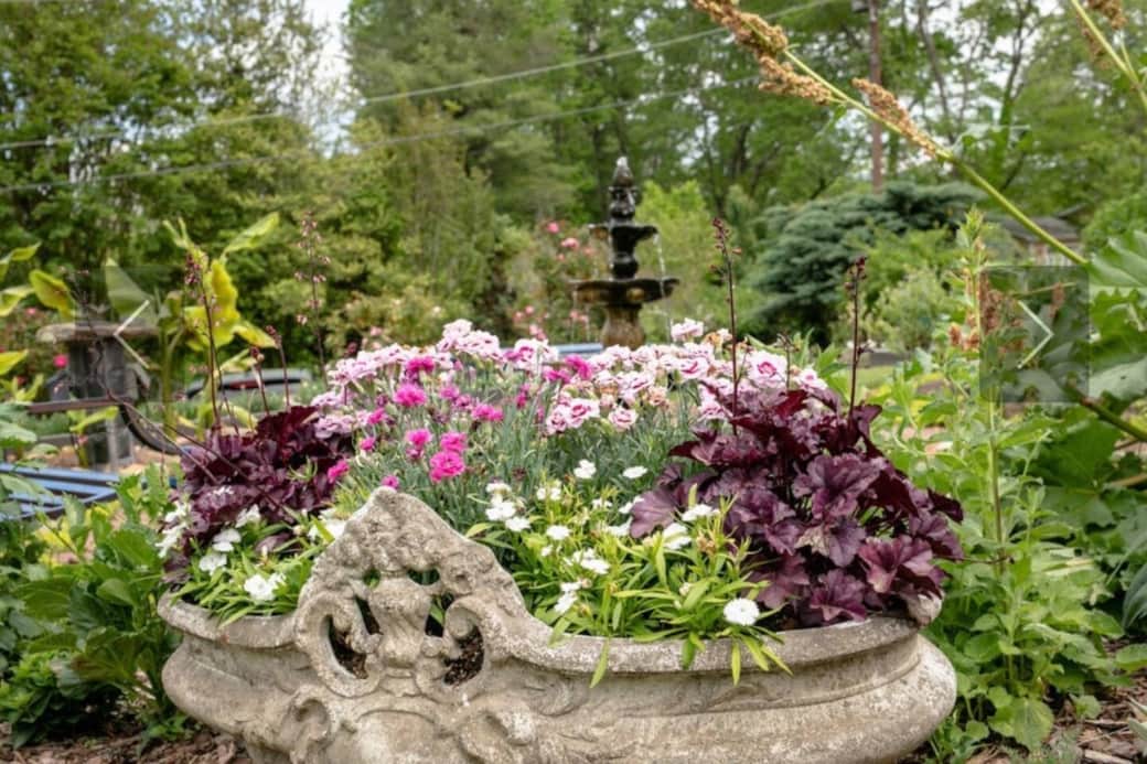 During the springtime, flowers are blooming throughout the property. 