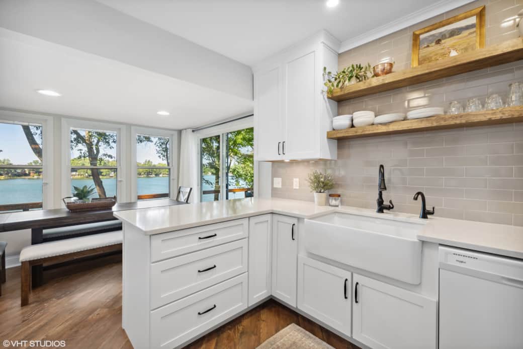 Kitchen Views Of Lake With Farm House Sink