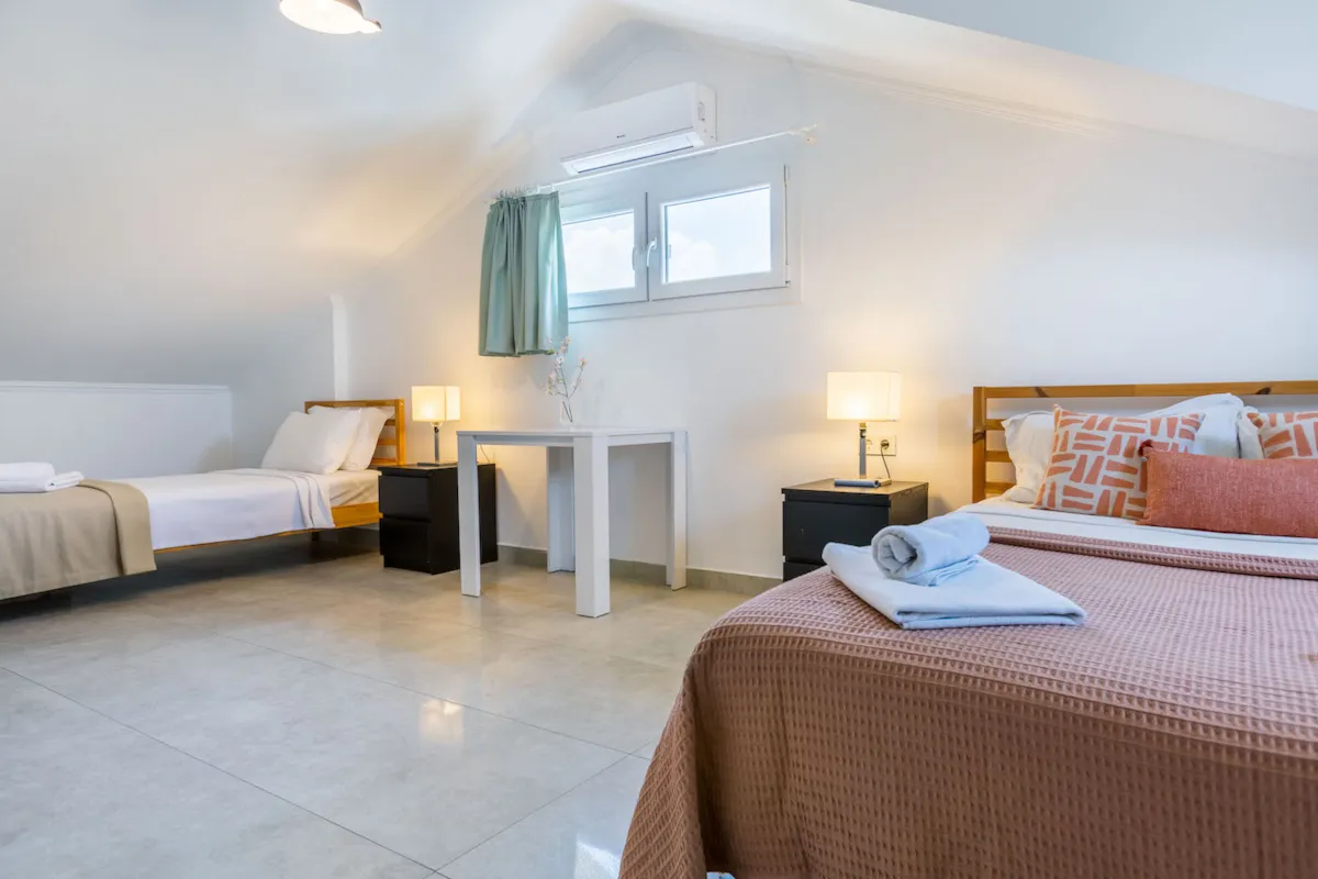 Bedroom with a double bed, single bed, desk, and bedside tables, Villa Nergis 2, Gocek