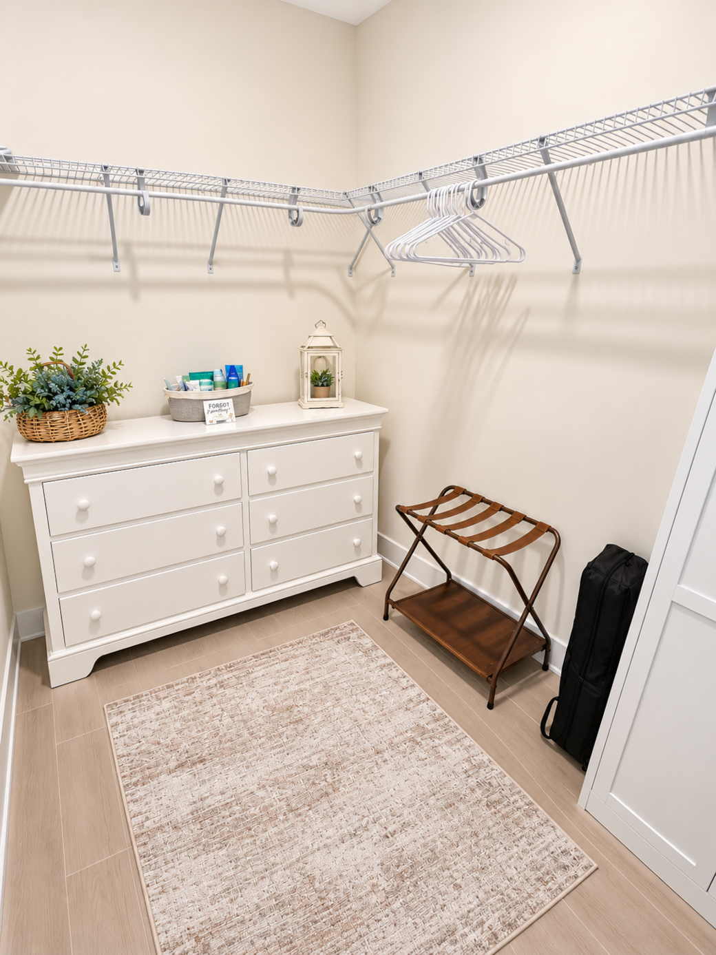 Walk in closet, luggage rack, pack and play.