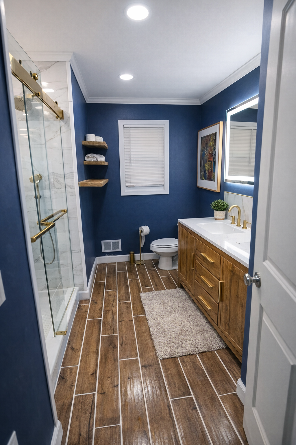 Full Bathroom with a 60in Shower and dual vanity with an LED mirror