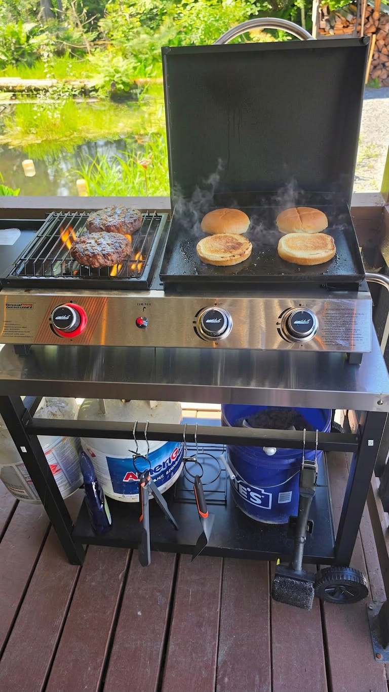 Grill and flat top outside for burgers, pancakes, and more