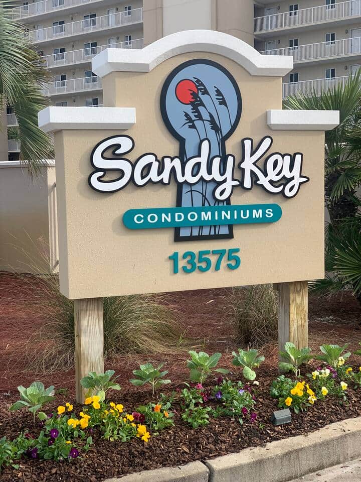 Beautiful, new entrance sign to Sandy Key resort. 